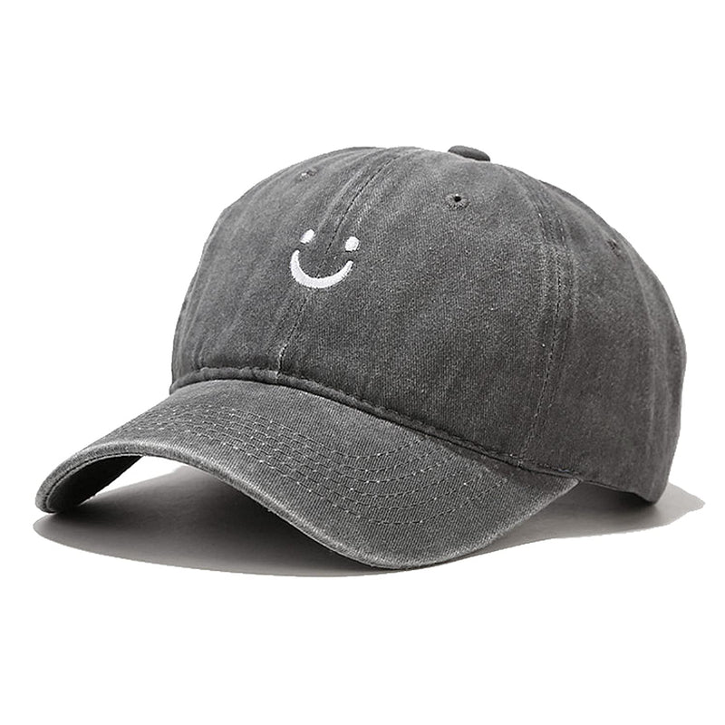 Smile Face Distressed Cotton Cap, Grey